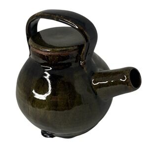Vintage Signed Studio Pottery Stoneware Teapot Olive Green Mingei Style USA